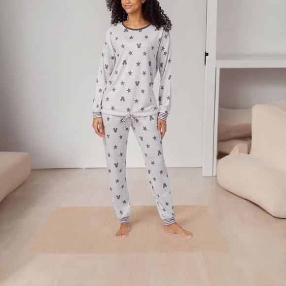 Disney Mickey Mouse Print Women's 2 Piece Pajama Set Grey Black Size XL - Picture 1 of 10